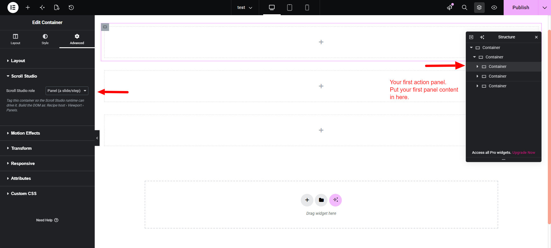 Elementor container settings with Scroll Studio role set to Panel. The Structure panel shows this container nested inside the Viewport, alongside its sibling panels.