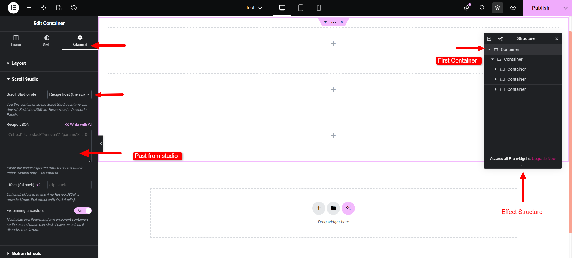 Elementor container settings, Advanced tab, Scroll Studio role set to Recipe host with a recipe pasted into the Recipe JSON field. The Structure panel on the right shows this container as the outermost of the four.
