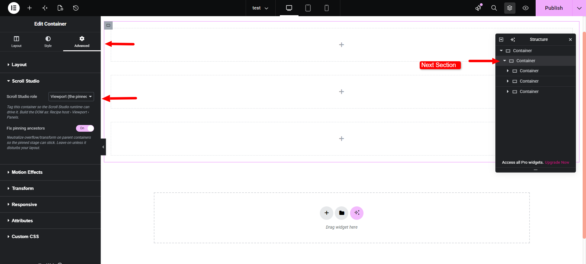 Elementor container settings with Scroll Studio role set to Viewport. The Structure panel shows this container nested one level inside the Recipe host.