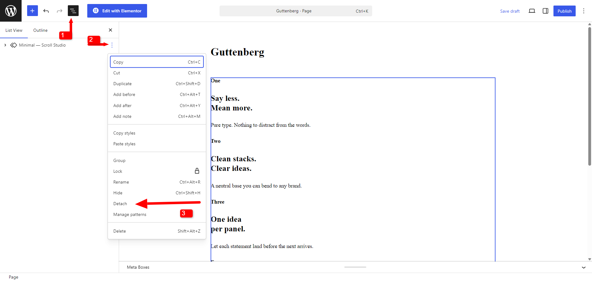 List View showing the inserted “Minimal — Scroll Studio” pattern, with its three-dot menu open and the Detach item highlighted.