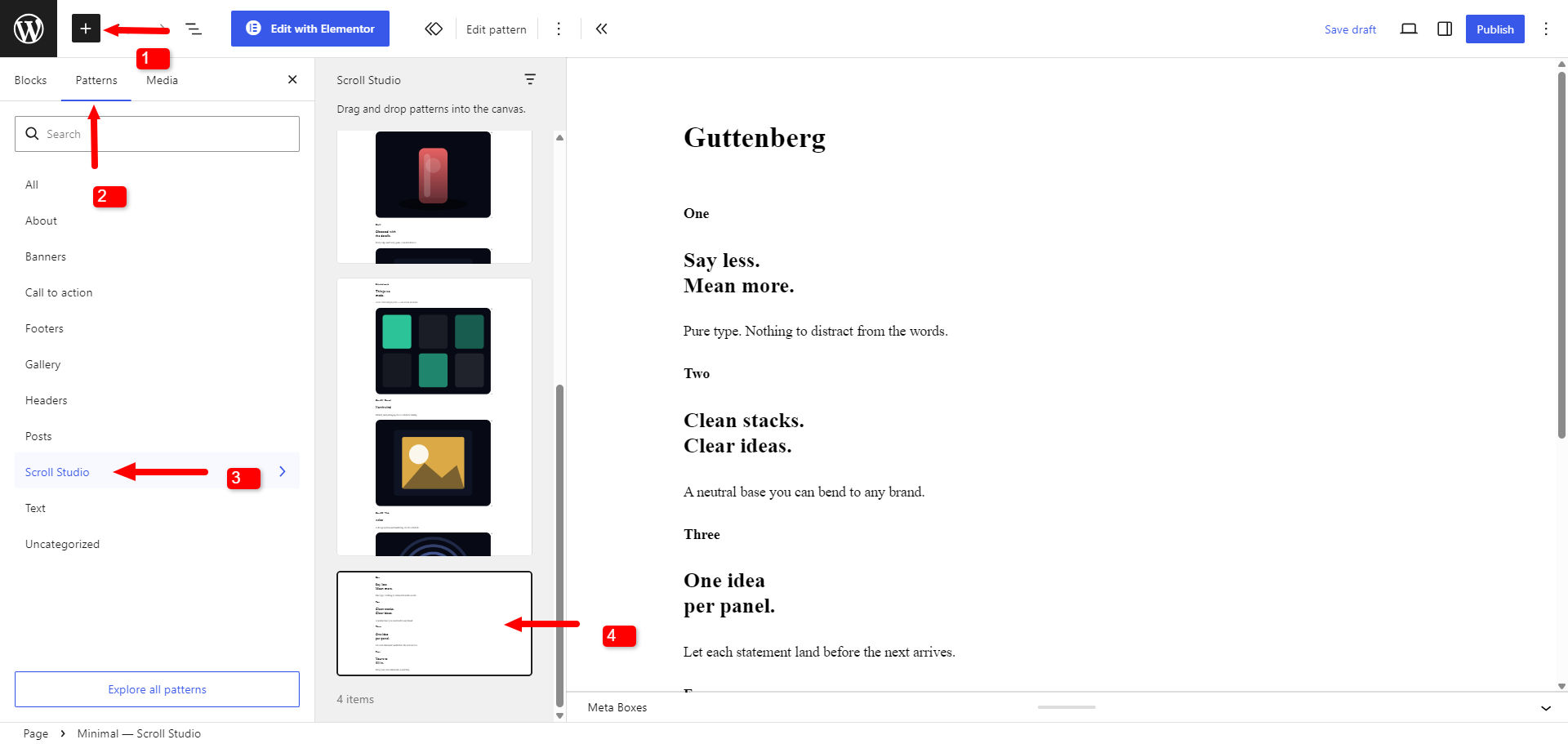 The WordPress block editor with the inserter open, the Patterns tab selected, the Scroll Studio category highlighted in the category list, and the Minimal pattern shown among the pattern previews.